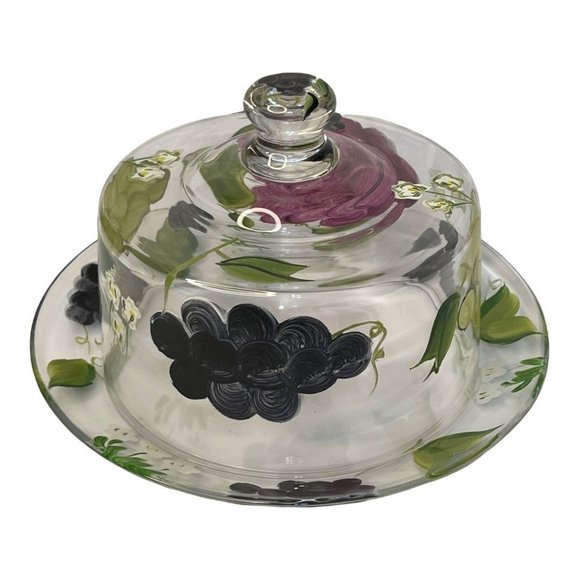 Hand Painted Clear Glass Covered Cheese Butter Dish w/ Grape Pattern - Picture 3 of 10